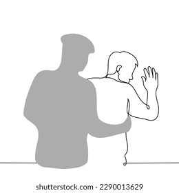 law enforcement officer conducting a search of a man leaning against a wall - one line drawing vector. the concept search, capture of a suspect or criminal, abuse of power