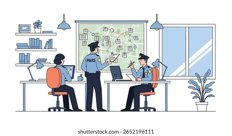 Law enforcement officers collaborate around a large map on the wall to discuss their strategic operations and ongoing investigations planning their next steps