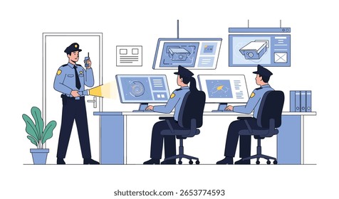 Law enforcement officers monitor security systems and communicate with radios in control room
