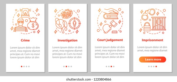 Law enforcement onboarding mobile app page screen with linear concepts. Crime, investigation, court judgement, imprisonment steps graphic instructions. UX, UI, GUI vector template with illustrations