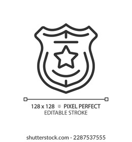 Law enforcement pixel perfect linear icon. Police department service. Legal activity for citizens protection. Thin line illustration. Contour symbol. Vector outline drawing. Editable stroke