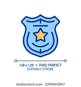 Law enforcement pixel perfect RGB color icon. Police department service. Legal activity for citizens protection. Isolated vector illustration. Simple filled line drawing. Editable stroke