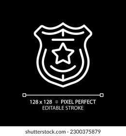 Law enforcement pixel perfect white linear icon for dark theme. Police department service. Activity for citizens protection. Thin line illustration. Isolated symbol for night mode. Editable stroke