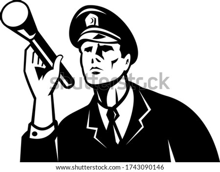 Law Enforcement Policeman Security Guard With Flashlight Retro Black and White Stock photo © 
