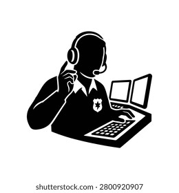 Law enforcement professional with headset actively monitoring systems on dual screens signaling awareness. Ideal for security operations dispatch centers and surveillance.
