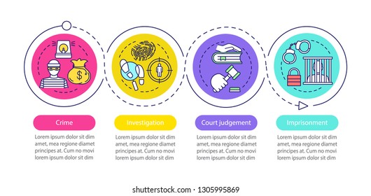 Law enforcement vector infographic template. Crime, investigation, imprisonment, court judgement. Data visualization with four steps and options. Process timeline chart. Workflow layout with icons