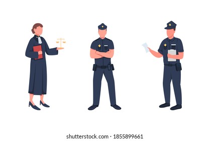 Law enforcement workers flat color vector faceless character set. Judge with scales. Police officers. Justice isolated cartoon illustration for web graphic design and animation collection