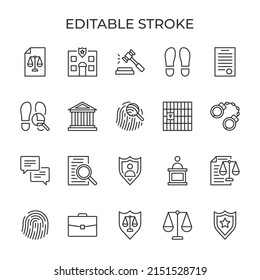 Law evidence. Fingerprints and footprints. Judicial protection of human rights. The penal system. Vector illustration. Set of line icons editable stroke.