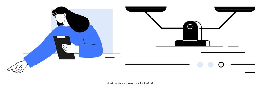 Direito, equidade, tomada de decisão, igualdade, investigação, governação. Uma mulher com uma área de transferência apontando e uma escala equilibrada. Conceitos de direito e de equidade retratados numa abordagem minimalista
