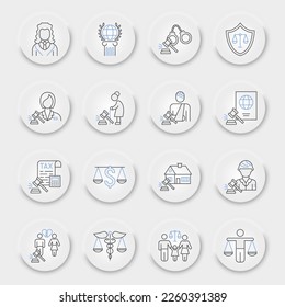 Law Fields line icon set, Fields of Law collection, vector graphics, neumorphic UI UX buttons, law fields vector icons, justice signs, outline pictograms, editable stroke