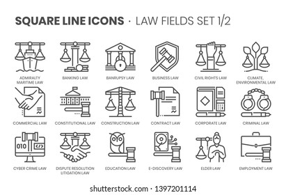 Law fields related related, pixel perfect, editable stroke, up scalable square line vector icon set. 