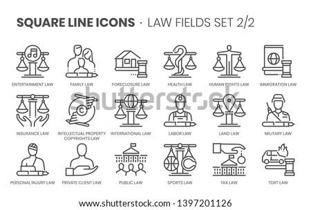 Law fields related related, pixel perfect, editable stroke, up scalable square line vector icon set. 