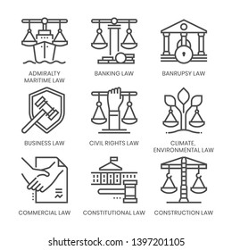 Law fields related, square line vector icon set for applications and website development. The icon set is pixelperfect with 64x64 grid. Crafted with precision and eye for quality.