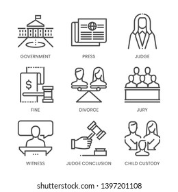 Law fields related, square line vector icon set for applications and website development. The icon set is pixelperfect with 64x64 grid. Crafted with precision and eye for quality.