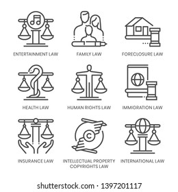 Law fields related, square line vector icon set for applications and website development. The icon set is pixelperfect with 64x64 grid. Crafted with precision and eye for quality.