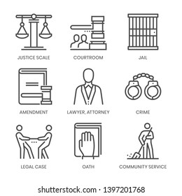Law fields related, square line vector icon set for applications and website development. The icon set is pixelperfect with 64x64 grid. Crafted with precision and eye for quality.