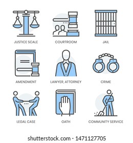 Law fields related, square line color vector icon set for applications and website development. The icon set is pixelperfect with 64x64 grid. Crafted with precision and eye for quality.
