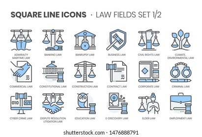 Law fields related, square line color vector icon set for applications and website development. The icon set is editable stroke, pixel perfect and 64x64. Crafted with precision and eye for quality. svg