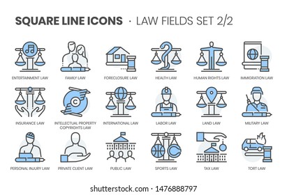 Law fields related, square line color vector icon set for applications and website development. The icon set is editable stroke, pixel perfect and 64x64. Crafted with precision and eye for quality. svg
