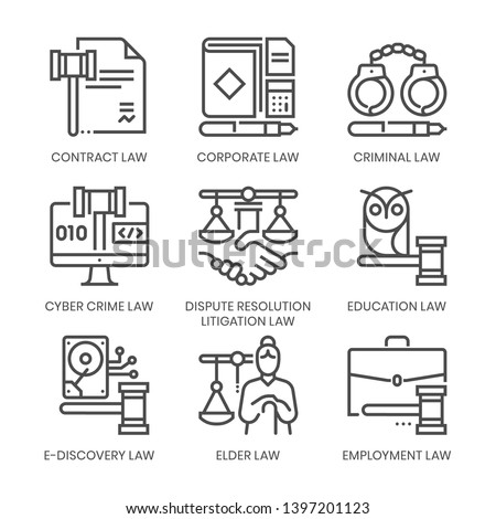 Law fields related, square line vector icon set for applications and website development. The icon set is pixelperfect with 64x64 grid. Crafted with precision and eye for quality.