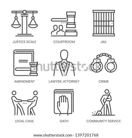 Law fields related, square line vector icon set for applications and website development. The icon set is pixelperfect with 64x64 grid. Crafted with precision and eye for quality.