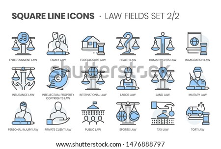 Law fields related, square line color vector icon set for applications and website development. The icon set is editable stroke, pixel perfect and 64x64. Crafted with precision and eye for quality.