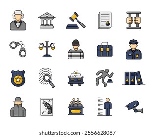 Law Filled Line Icon, Law and Justice Icons Featuring Judge and Police Elements