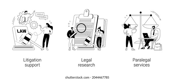 Law firm abstract concept vector illustration set. Litigation support, legal research, paralegal services, forensic accounting, consulting, data collection, attorney legal work abstract metaphor.