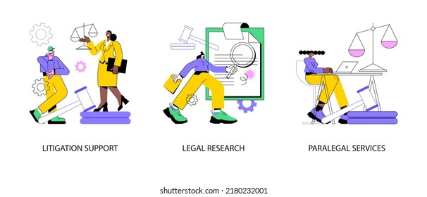 Law Firm Abstract Concept Vector Illustration Set. Litigation Support, Legal Research, Paralegal Services, Forensic Accounting, Consulting, Data Collection, Attorney Legal Work Abstract Metaphor.