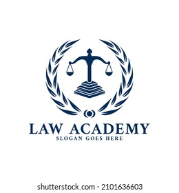 Law Firm Academy Logo Design with Bay Leaf Balance Book Icon Vector