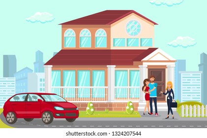 Law Firm Company Helps Conclude Contracts For Purchase Affordable Housing. Young Family Vector Flat House Red Car Husband And Wife Bought Nice House In Comfortable Area Quiet Street. 