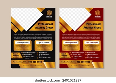 Law firm flyer template. professional attorney group and Consultancy poster. Legal leaflet design in vertical layout. diagonal space for photo. luxury style with combination gold, black and red colors