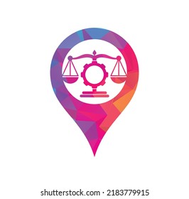 Law firm gear with map pin shape concept logo design template. Industrial law firm vector logo design concept.