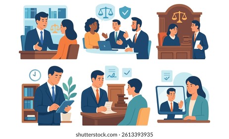 Law Firm Illustration Pack Featuring Legal Professionals, Lawyers, Courtroom Scenes, and Justice System Concepts for Legal Services and Offices