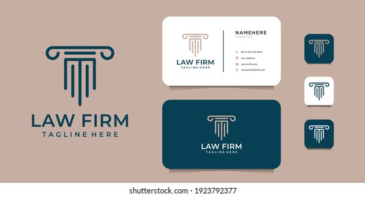 Law firm justice logo design with business card template inspiration. Logo can be used for icon, brand, identity, monogram, clean, modern, grey, and business company