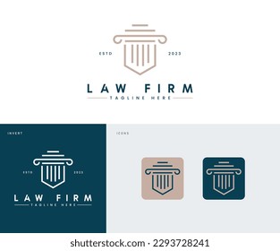 Law firm justice logo design template inspiration. Logos can be used for icons, brands, identity, monograms, clean, modern, grey, and business company