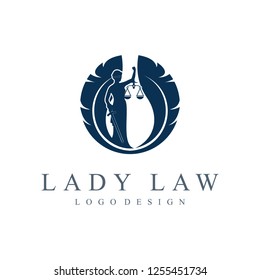 Law Firm Lady Justice Femida Logo Design. Lady Lawyer With Feather Design Logotype, Isolated on a White Background.