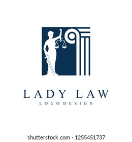 Law Firm Lady Justice Femida Logo Design. Lady Lawyer With Feather Design Logotype, Isolated on a White Background.