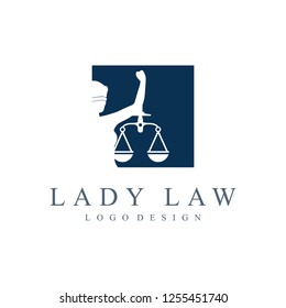 Law Firm Lady Justice Femida Logo Design. Lady Lawyer With Feather Design Logotype, Isolated on a White Background.