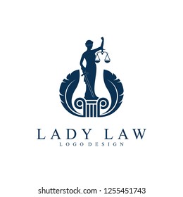 Law Firm Lady Justice Femida Logo Design. Lady Lawyer With Feather Design Logotype, Isolated on a White Background.