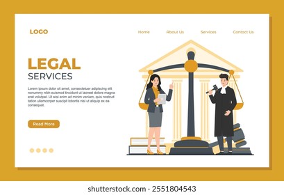 Law firm and legal services landing page template concept set with scales and judge gavel vector illustration Law and justice 