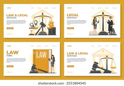 Law firm and legal services landing page template concept set with scales and judge gavel vector illustration Law and justice 