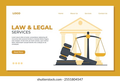 Law firm and legal services landing page template concept set with scales and judge gavel vector illustration Law and justice 