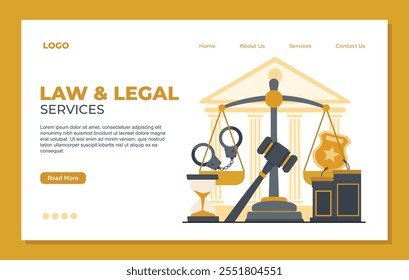 Law firm and legal services landing page template concept set with scales and judge gavel vector illustration Law and justice 