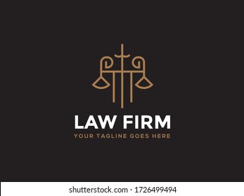 Law firm line trend logo icon vector design. Universal legal, lawyer, scales sword column idea creative premium symbol.