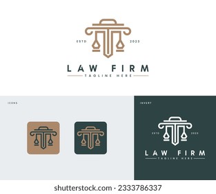 Law firm line trend logo icon vector design. Universal legal, lawyer, scales sword column idea creative premium symbol.