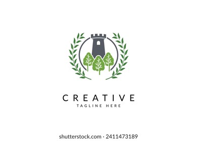 Law firm logo. A castle or tower with a open window or lighthouse on a circular backdrop, with a collection of three trees in the foreground, all surrounded by an ivy wreath vector.