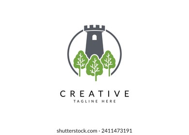 Law firm logo. A castle or tower with a open window or lighthouse on a circular backdrop, with a collection of three trees in the foreground, all surrounded by an ivy wreath vector.