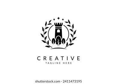 Law firm logo. A castle or tower with a open window or lighthouse on a circular backdrop, with a collection of three trees in the foreground, all surrounded by an ivy wreath vector.