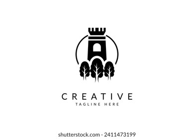 Law firm logo. A castle or tower with a open window or lighthouse on a circular backdrop, with a collection of three trees in the foreground, all surrounded by an ivy wreath vector.